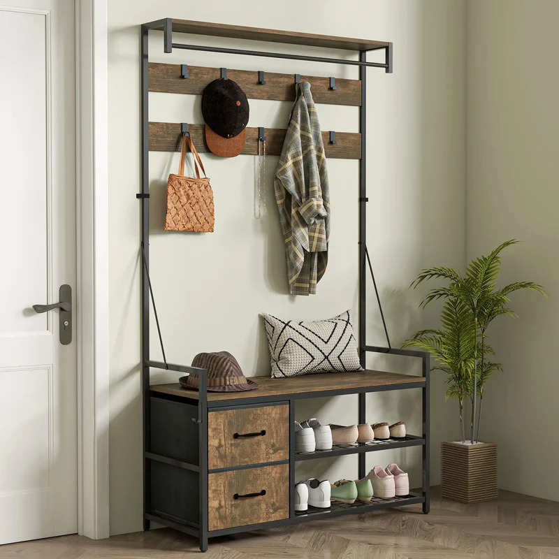 6-In-1 Hall Tree, Bench with Shoe Storage, 10 Hooks, 2 Fabric Drawers, Rustic Brown