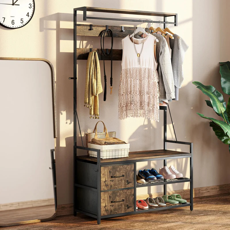 6-In-1 Hall Tree, Bench with Shoe Storage, 10 Hooks, 2 Fabric Drawers, Rustic Brown