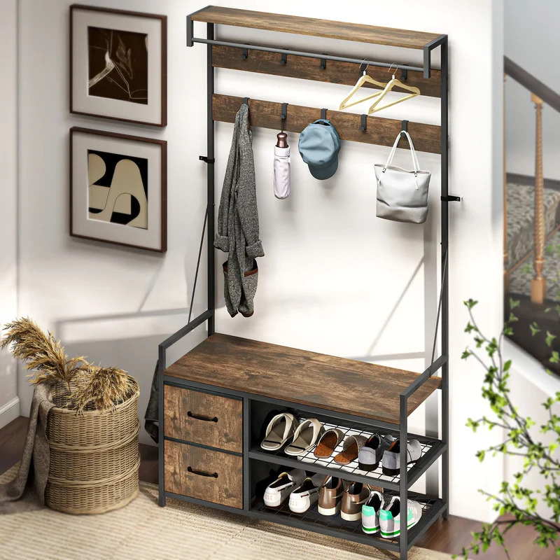 6-In-1 Hall Tree, Bench with Shoe Storage, 10 Hooks, 2 Fabric Drawers, Rustic Brown