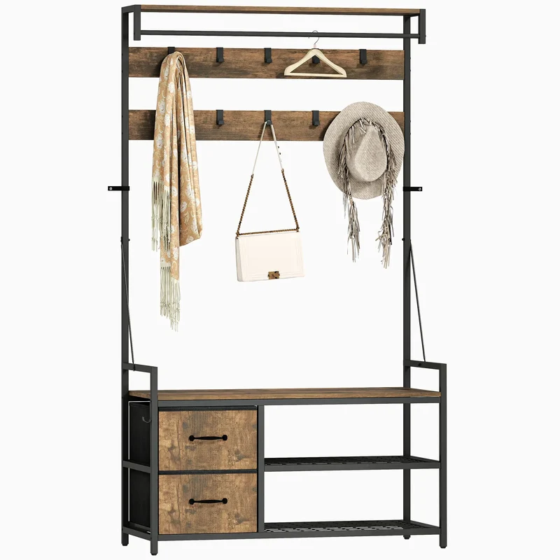 6-In-1 Hall Tree, Bench with Shoe Storage, 10 Hooks, 2 Fabric Drawers, Rustic Brown