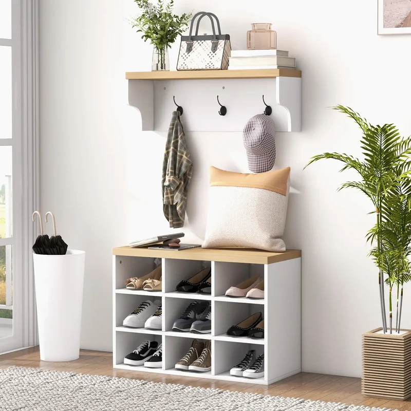 2-in-1 Hall Tree, 5-Hook Coat Rack Shoe Bench Set, White