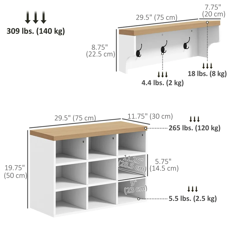 2-in-1 Hall Tree, 5-Hook Coat Rack Shoe Bench Set, White