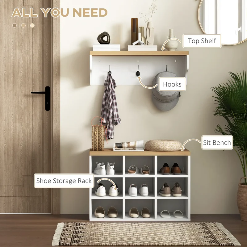 2-in-1 Hall Tree, 5-Hook Coat Rack Shoe Bench Set, White
