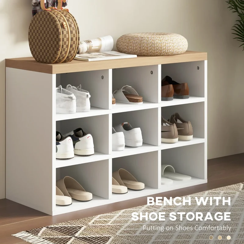 2-in-1 Hall Tree, 5-Hook Coat Rack Shoe Bench Set, White