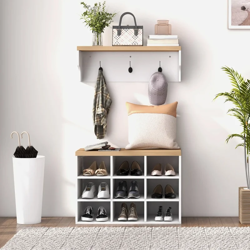 2-in-1 Hall Tree, 5-Hook Coat Rack Shoe Bench Set, White