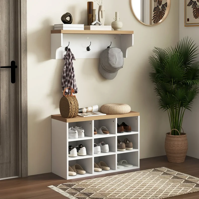 2-in-1 Hall Tree, 5-Hook Coat Rack Shoe Bench Set, White