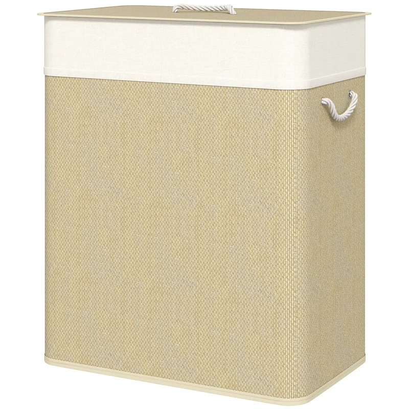 Double Laundry Basket with Lid, 100L Bamboo Hamper, Natural