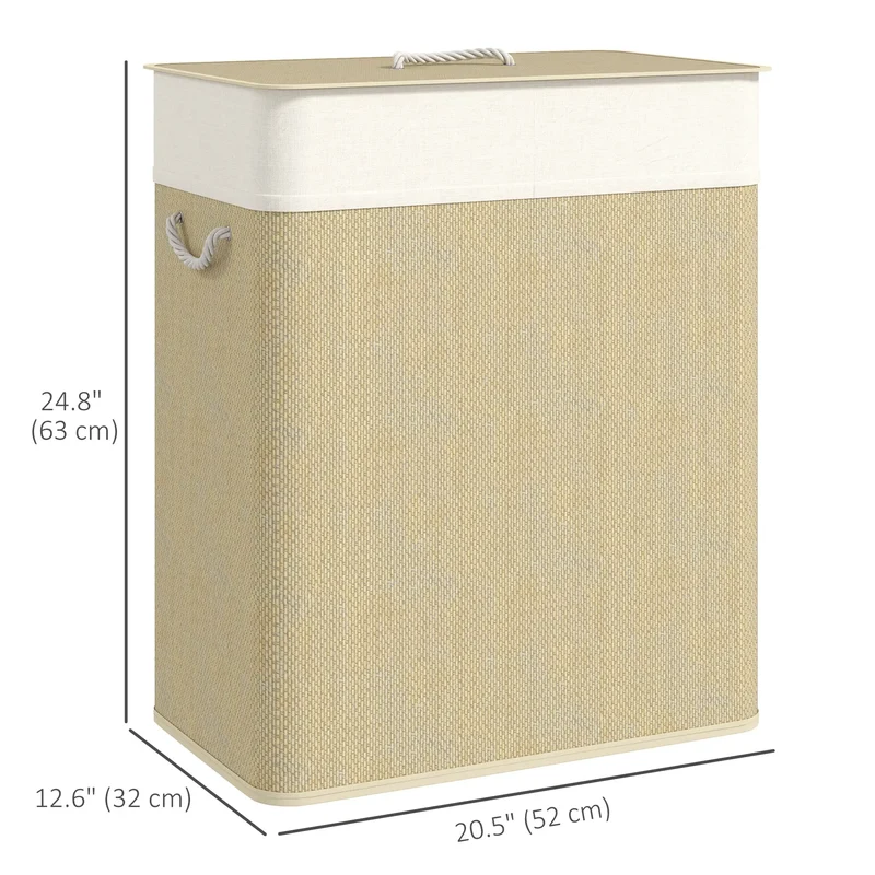 Double Laundry Basket with Lid, 100L Bamboo Hamper, Natural