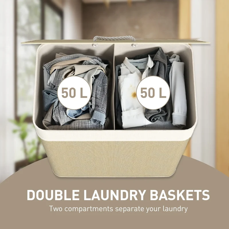 Double Laundry Basket with Lid, 100L Bamboo Hamper, Natural