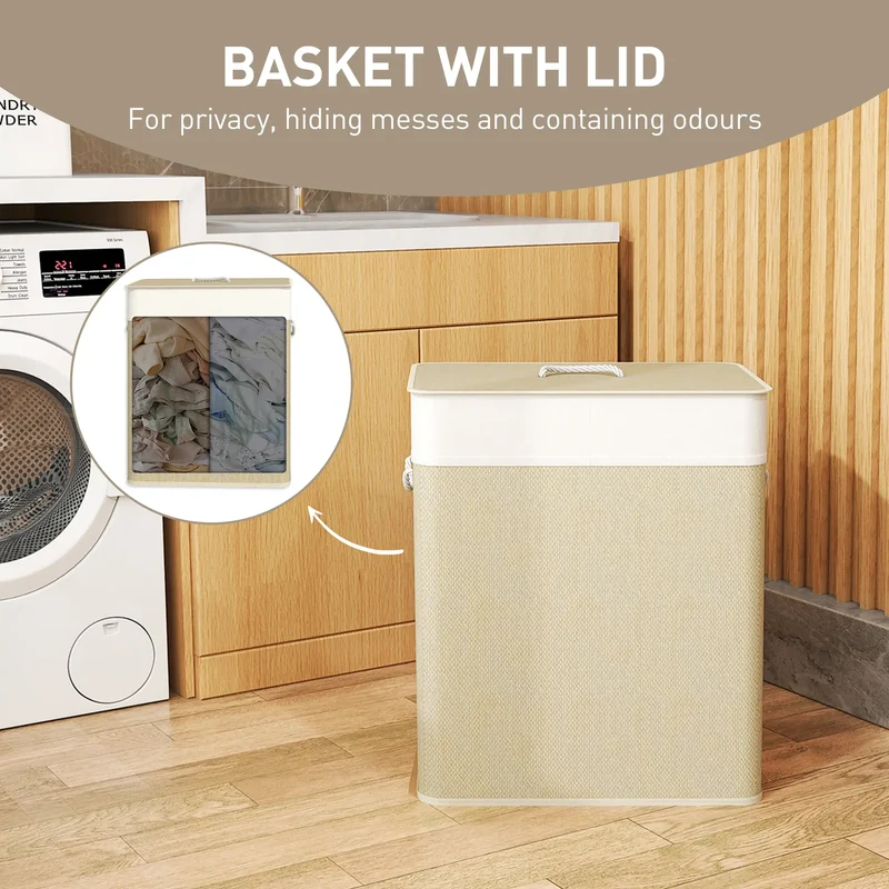 Double Laundry Basket with Lid, 100L Bamboo Hamper, Natural