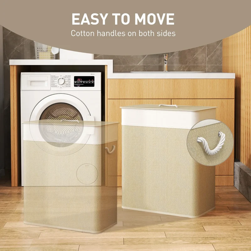 Double Laundry Basket with Lid, 100L Bamboo Hamper, Natural