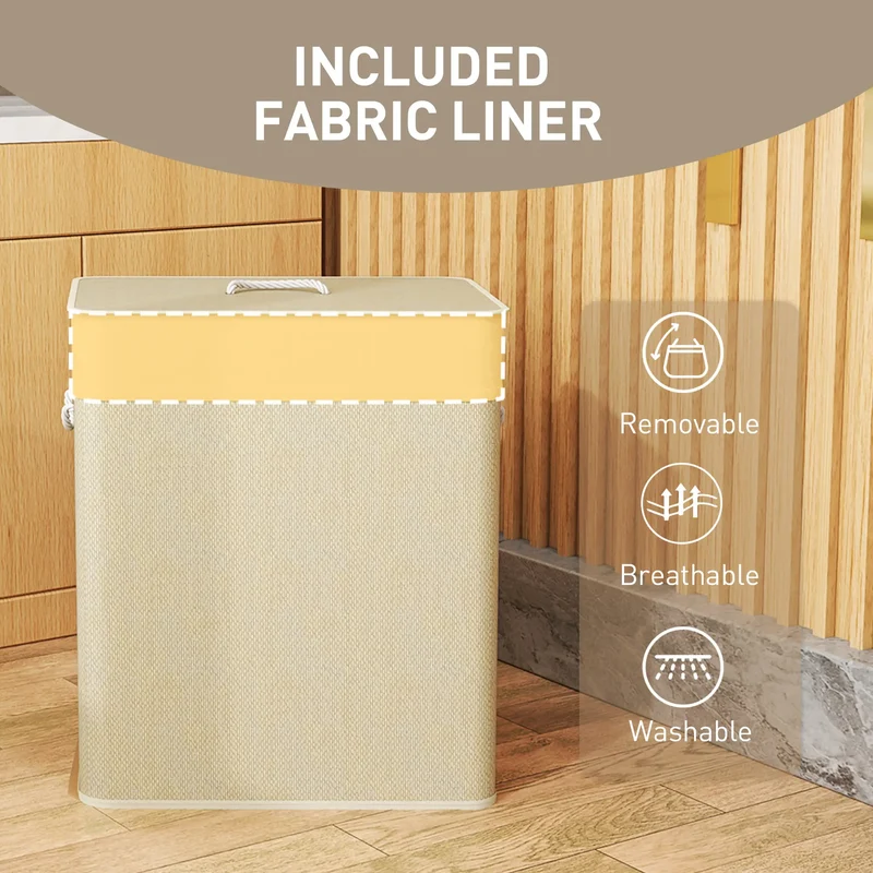 Double Laundry Basket with Lid, 100L Bamboo Hamper, Natural