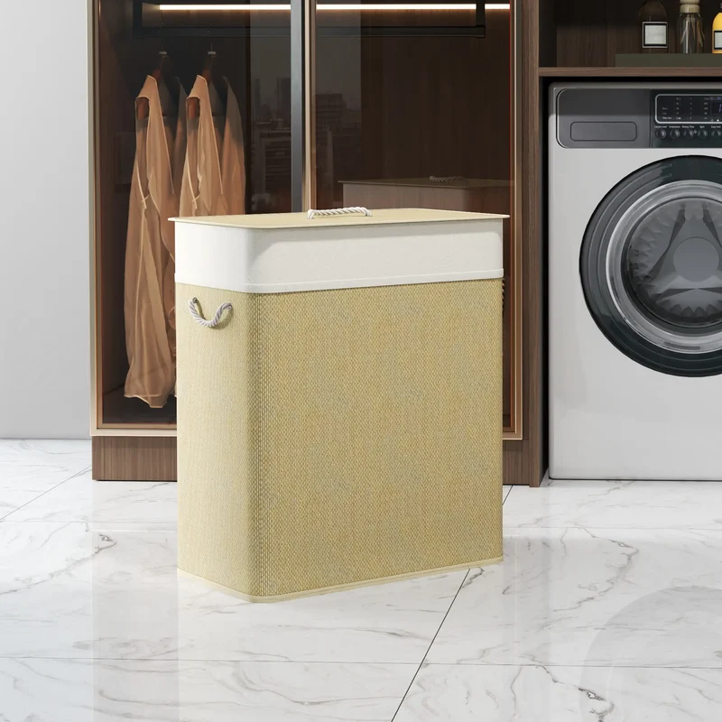 Double Laundry Basket with Lid, 100L Bamboo Hamper, Natural