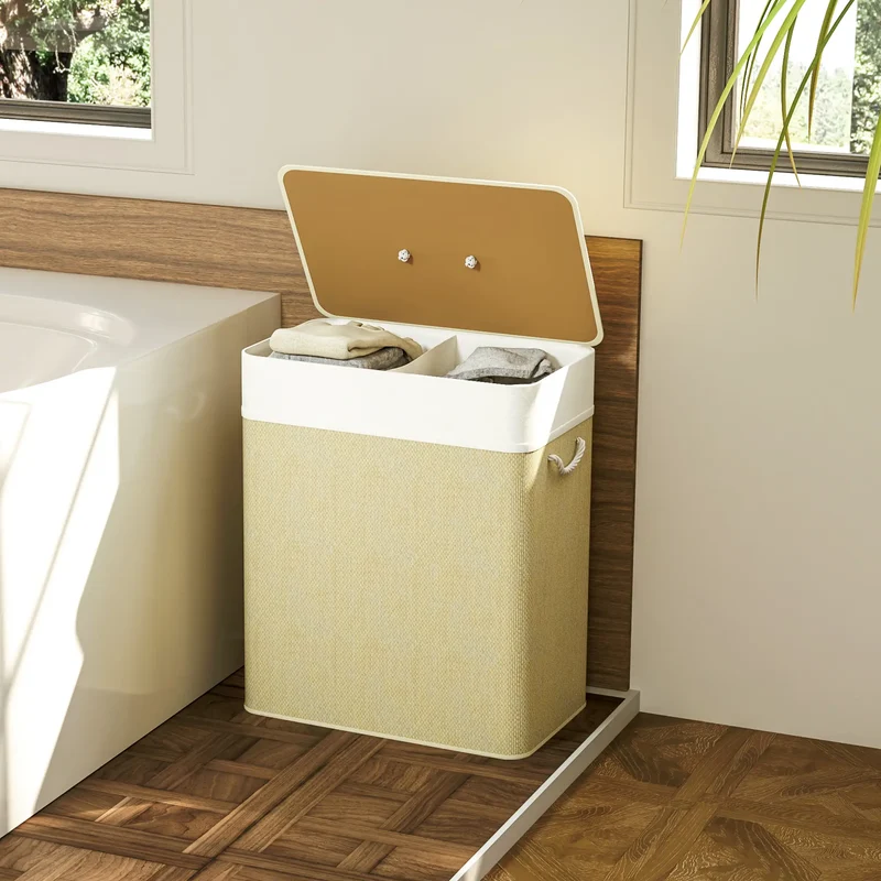 Double Laundry Basket with Lid, 100L Bamboo Hamper, Natural