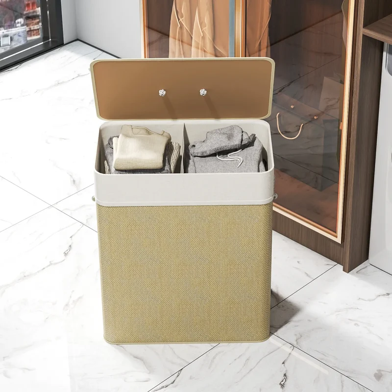Double Laundry Basket with Lid, 100L Bamboo Hamper, Natural