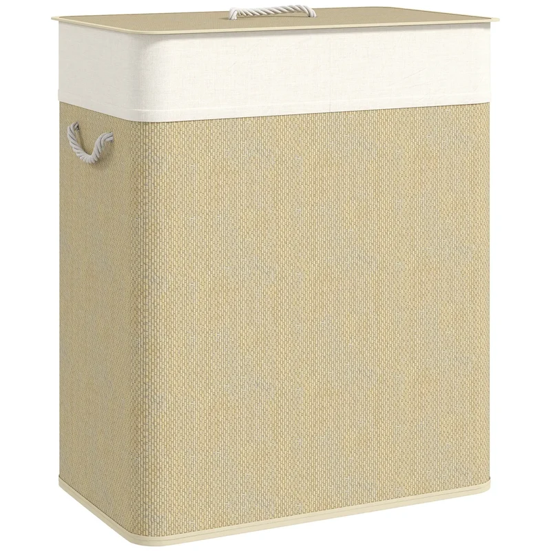 Double Laundry Basket with Lid, 100L Bamboo Hamper, Natural