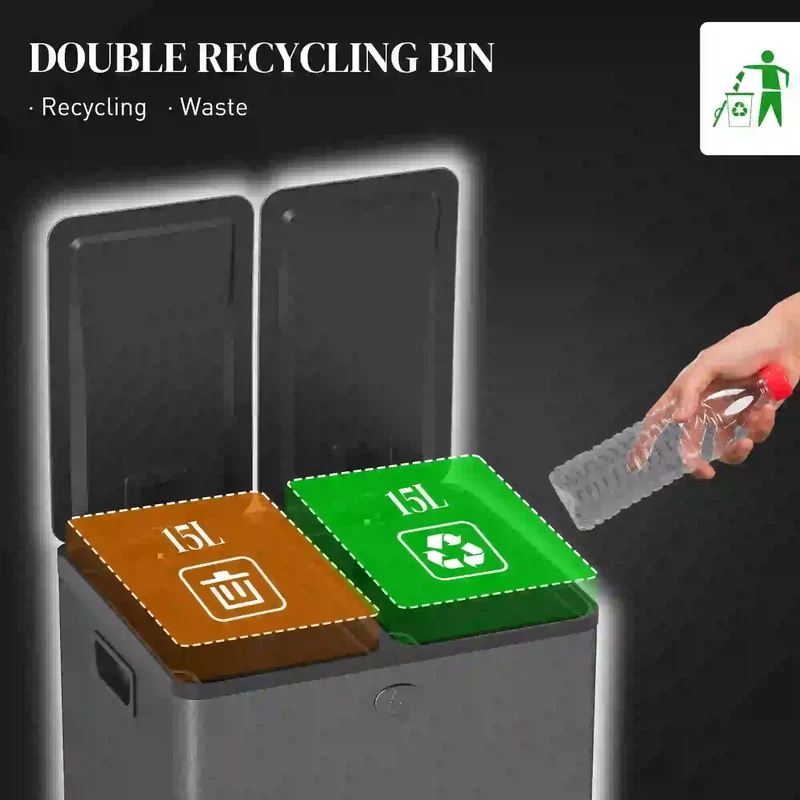 Dual Garbage Bin, Soft Close Trash Can, 2 x 15 Liter, Black