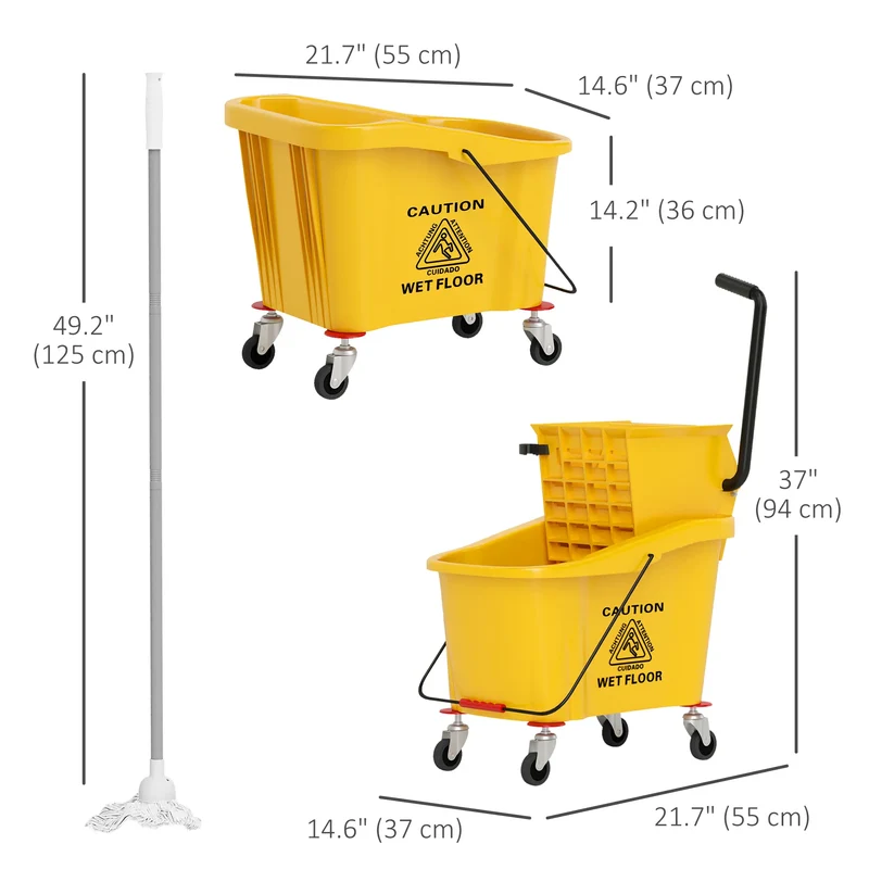 Mop Bucket with Wringer on Wheels, 38 Quart, Yellow