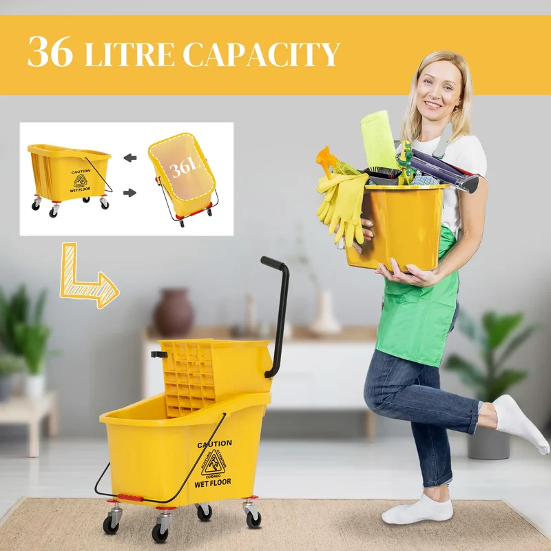 Mop Bucket with Wringer on Wheels, 38 Quart, Yellow