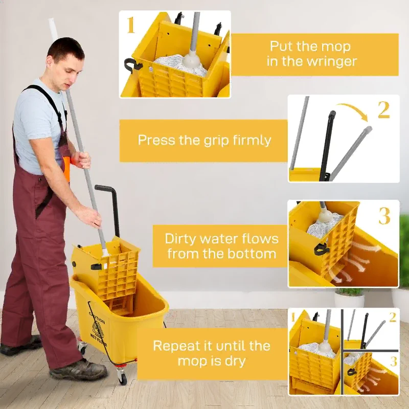 Mop Bucket with Wringer on Wheels, 38 Quart, Yellow