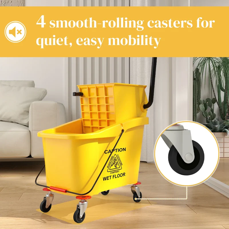 Mop Bucket with Wringer on Wheels, 38 Quart, Yellow