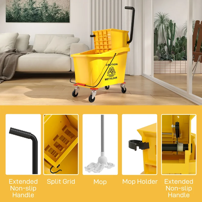 Mop Bucket with Wringer on Wheels, 38 Quart, Yellow