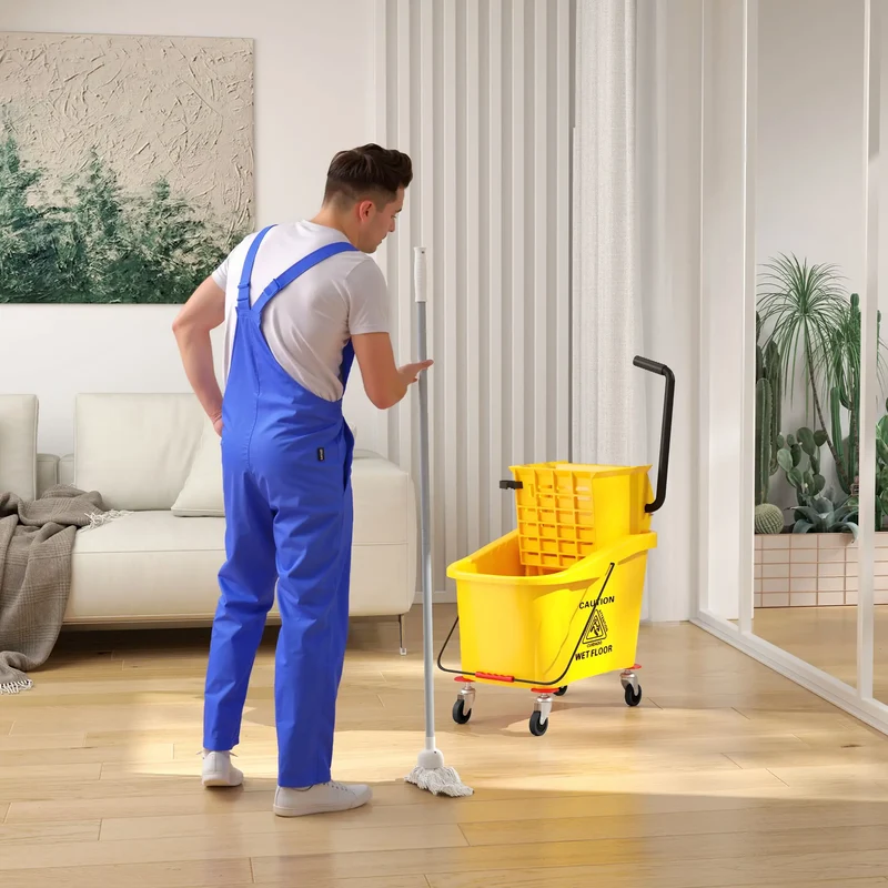 Mop Bucket with Wringer on Wheels, 38 Quart, Yellow