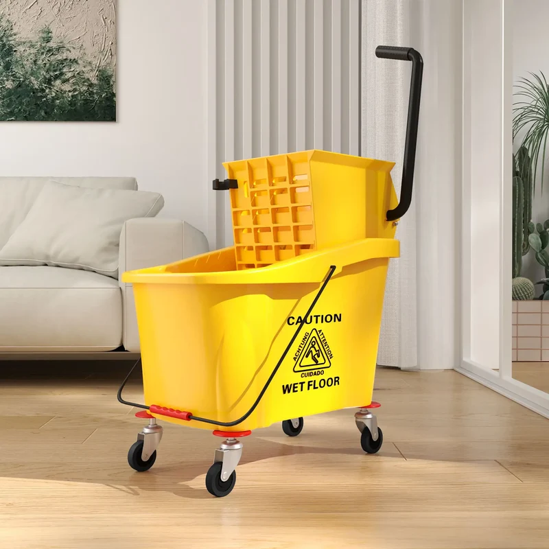 Mop Bucket with Wringer on Wheels, 38 Quart, Yellow