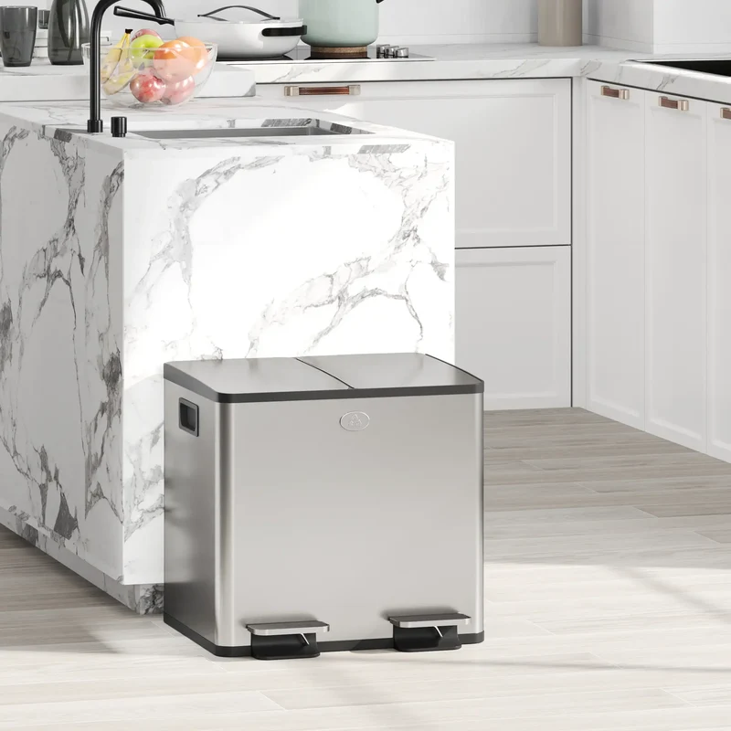 Dual Garbage Bin, Soft Close Trash Can, 2 x 15 Liter, Silver