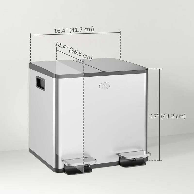 Dual Garbage Bin, Soft Close Trash Can, 2 x 15 Liter, Silver