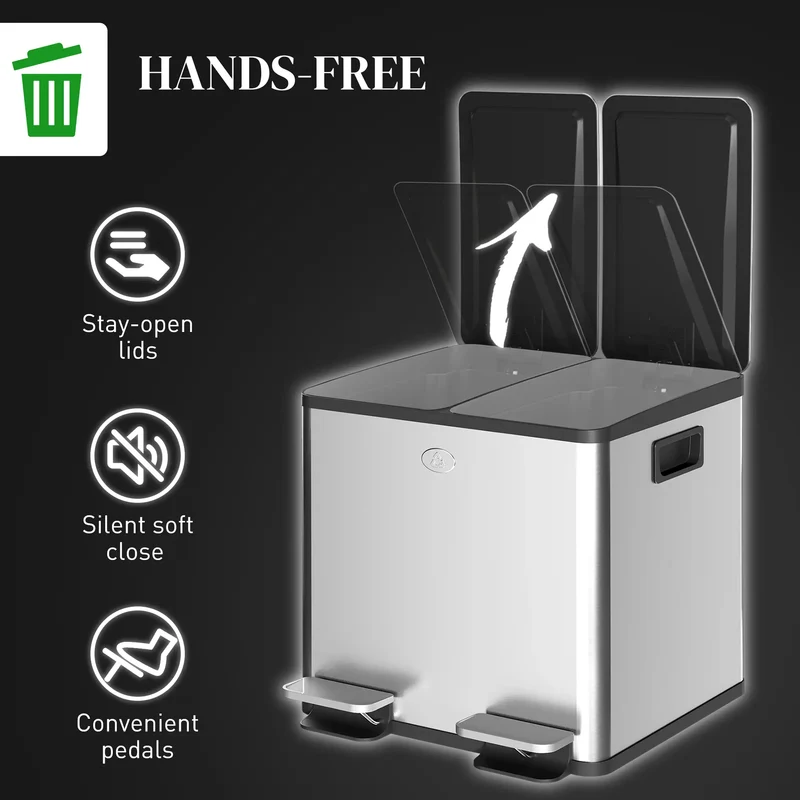 Dual Garbage Bin, Soft Close Trash Can, 2 x 15 Liter, Silver