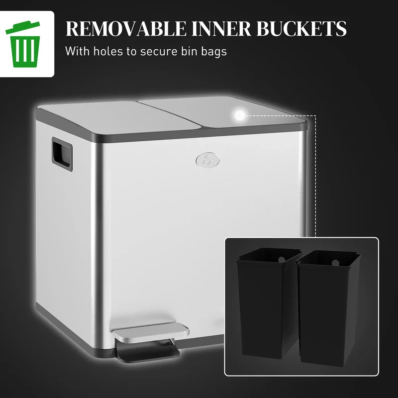 Dual Garbage Bin, Soft Close Trash Can, 2 x 15 Liter, Silver