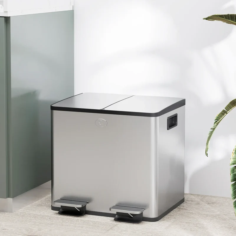 Dual Garbage Bin, Soft Close Trash Can, 2 x 15 Liter, Silver
