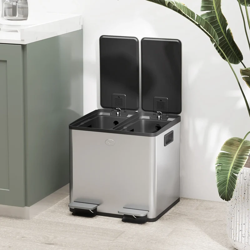 Dual Garbage Bin, Soft Close Trash Can, 2 x 15 Liter, Silver