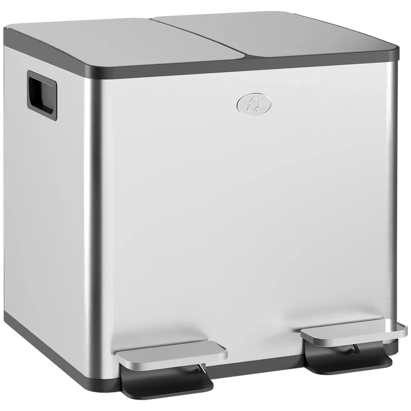 Dual Garbage Bin, Soft Close Trash Can, 2 x 15 Liter, Silver
