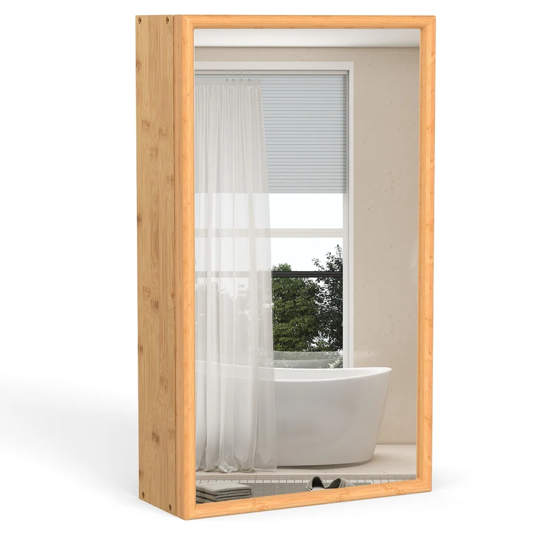 Bamboo Small Medicine Cabinet with Mirror Door and Removable Shelves, Natural