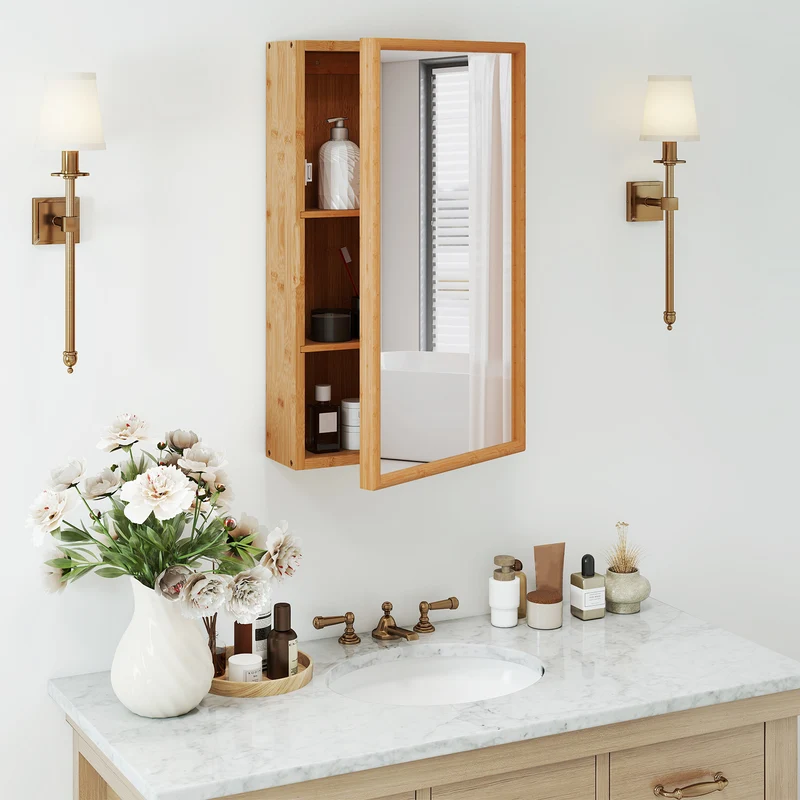 Bamboo Small Medicine Cabinet with Mirror Door and Removable Shelves, Natural