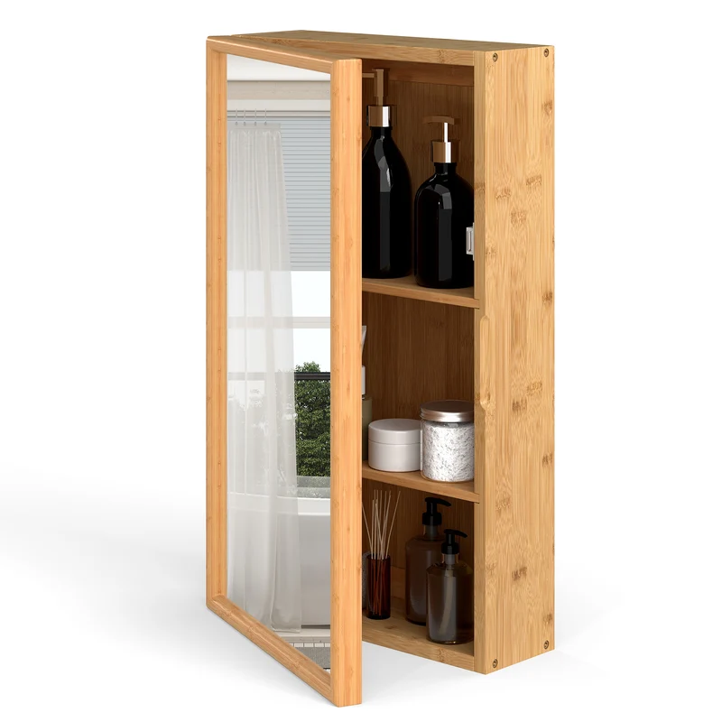 Bamboo Small Medicine Cabinet with Mirror Door and Removable Shelves, Natural
