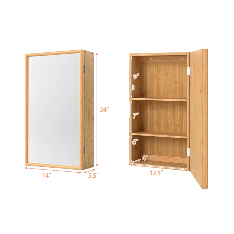 Bamboo Small Medicine Cabinet with Mirror Door and Removable Shelves, Natural