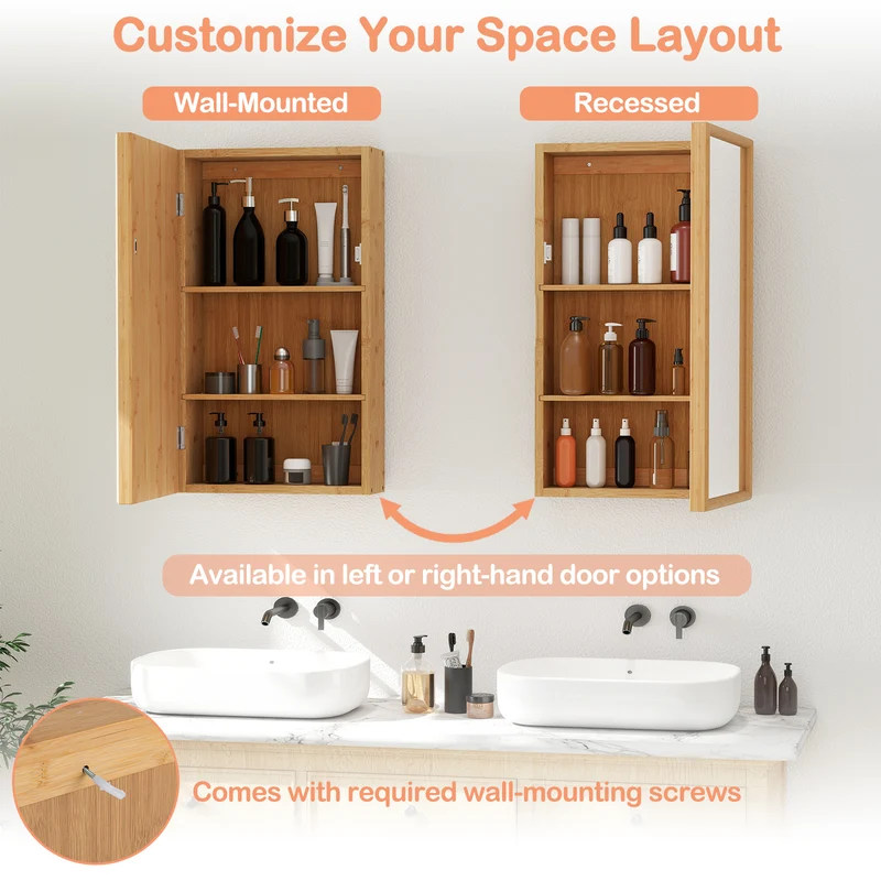 Bamboo Small Medicine Cabinet with Mirror Door and Removable Shelves, Natural