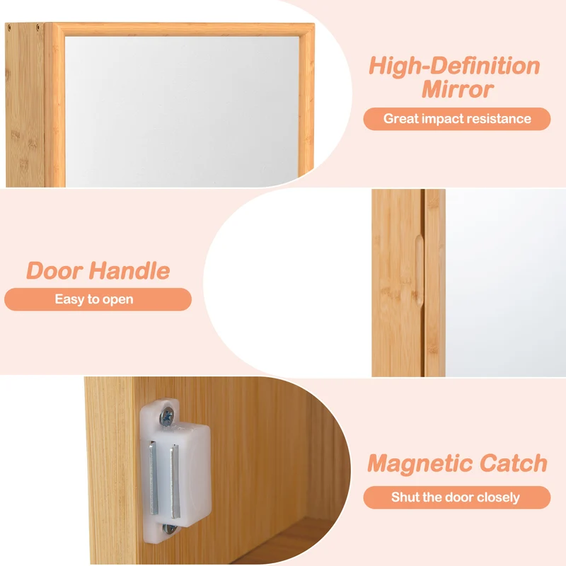 Bamboo Small Medicine Cabinet with Mirror Door and Removable Shelves, Natural