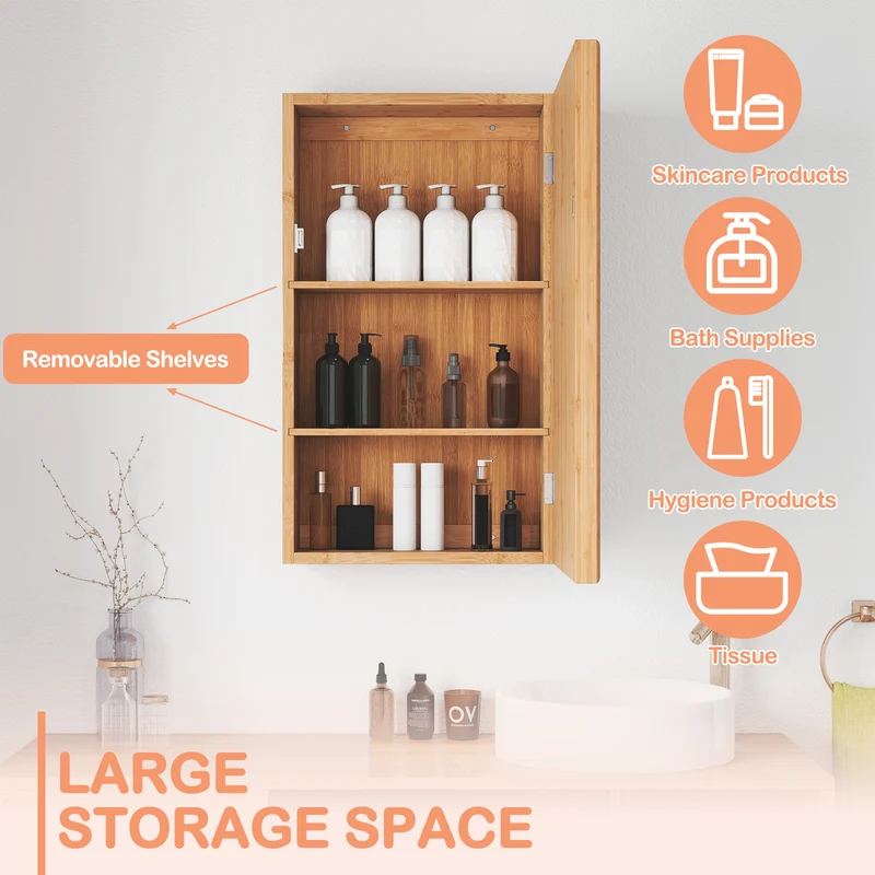 Bamboo Small Medicine Cabinet with Mirror Door and Removable Shelves, Natural