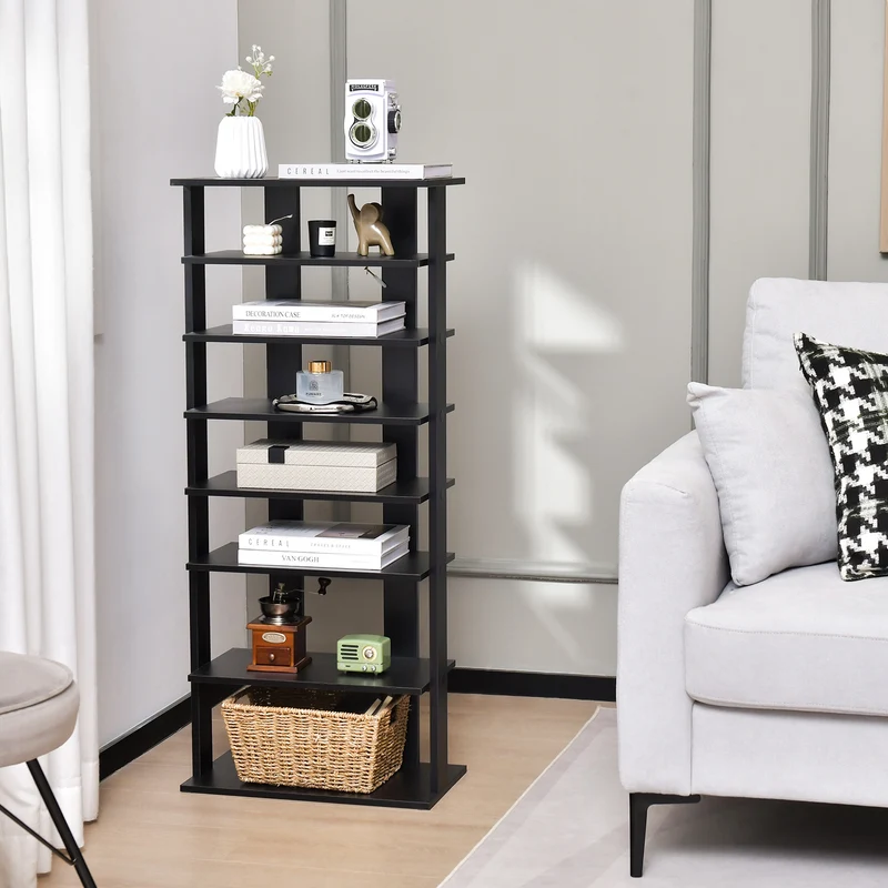7-Tier Dual 14 Pair Shoe Rack Free Standing Concise Shelves Storage, Black
