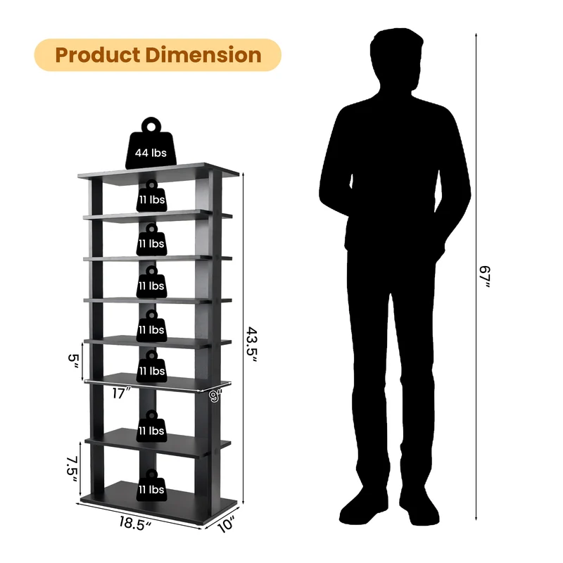 7-Tier Dual 14 Pair Shoe Rack Free Standing Concise Shelves Storage, Black