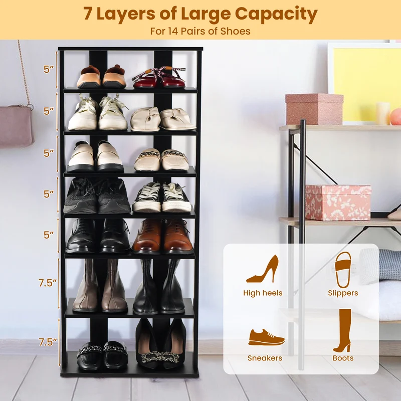 7-Tier Dual 14 Pair Shoe Rack Free Standing Concise Shelves Storage, Black