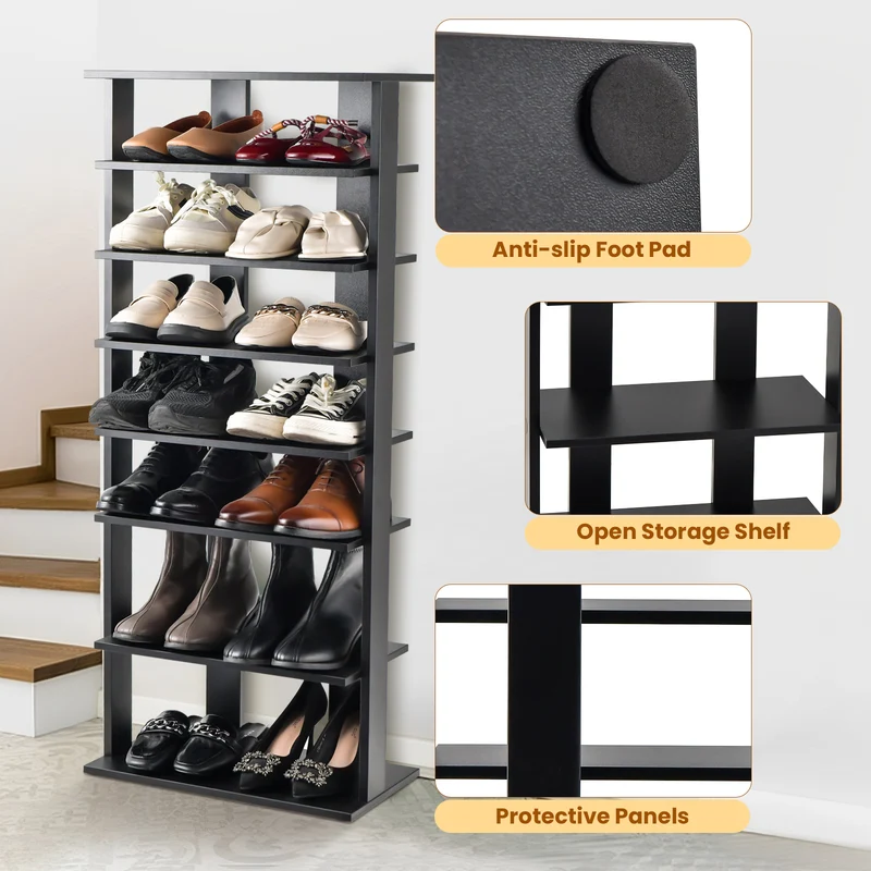 7-Tier Dual 14 Pair Shoe Rack Free Standing Concise Shelves Storage, Black