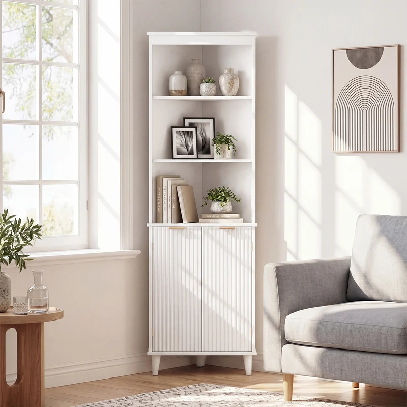 68 Inch Tall Bathroom Floor Storage Cabinet, Fluted Doors, White