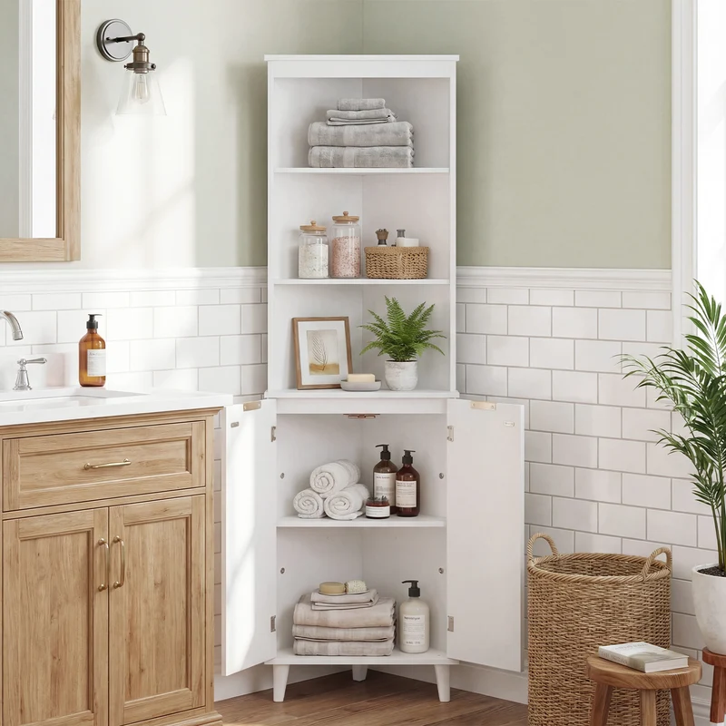 68 Inch Tall Bathroom Floor Storage Cabinet, Fluted Doors, White