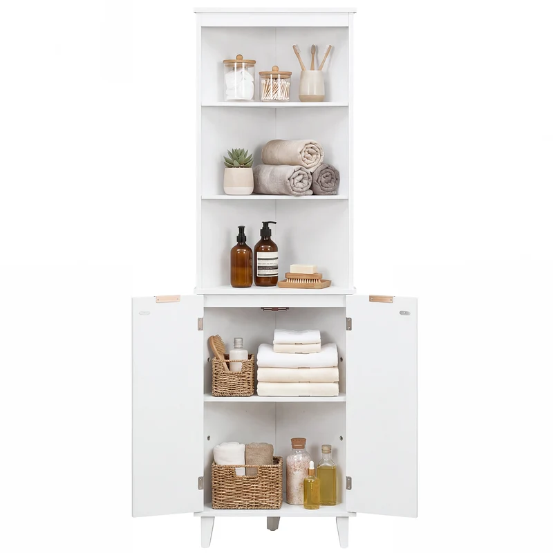 68 Inch Tall Bathroom Floor Storage Cabinet, Fluted Doors, White