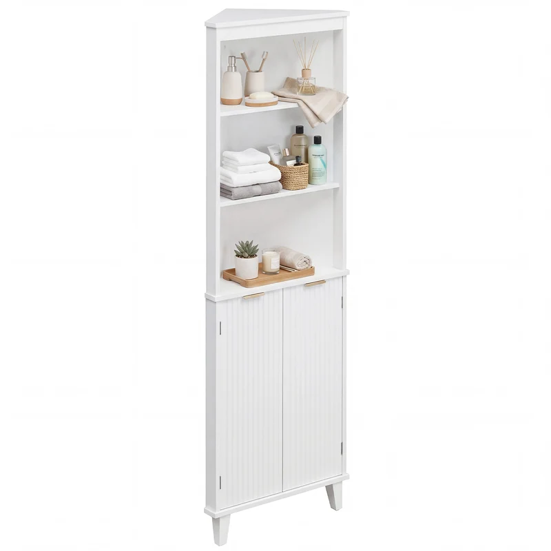 68 Inch Tall Bathroom Floor Storage Cabinet, Fluted Doors, White